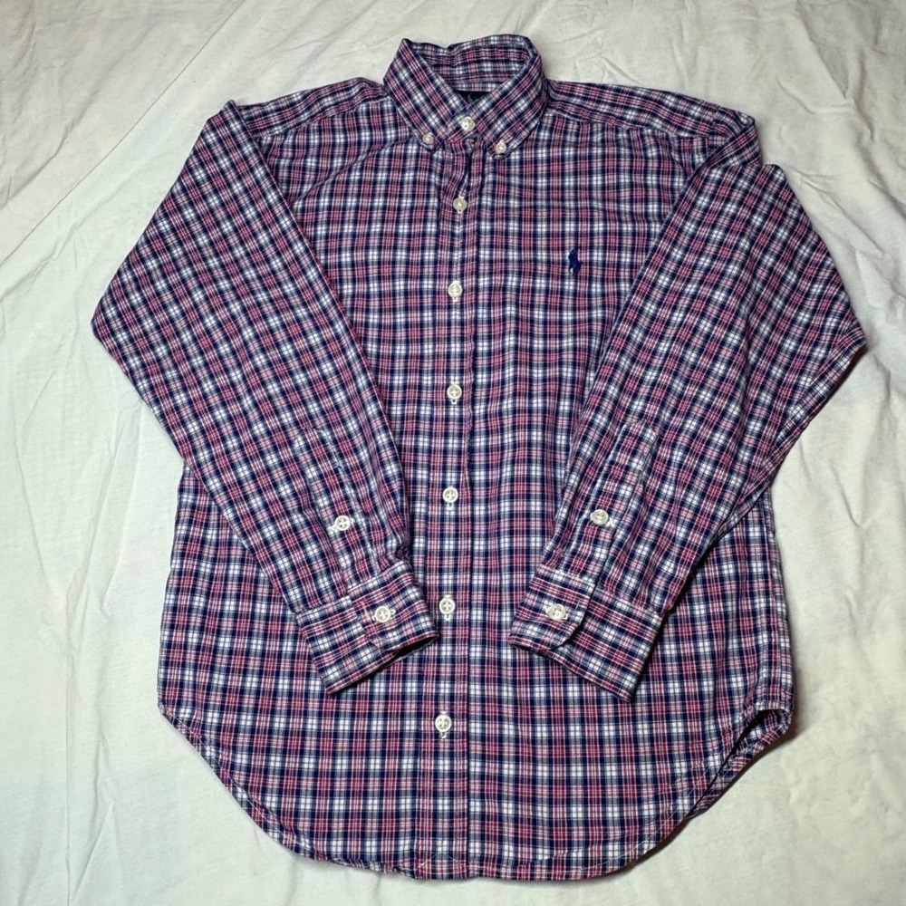 Ralph Lauren Kids Boys S 8/10 Plaid Button Down Shirt Red White Navy Blue Cotton
